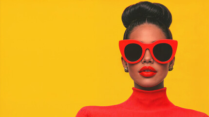 Pop collage Illustration of a beautiful female fashion model with sunglasses over scolorful and vibrant patterns and shapes, Fashion, pop art