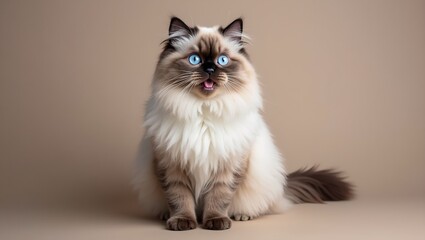 Surprised Himalayan cat with blue eyes on taupe background