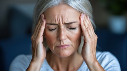 A middle-aged woman is pressing her temples with closed eyes, possibly dealing with pain or stress, capturing a relatable moment of human frustration and tension.