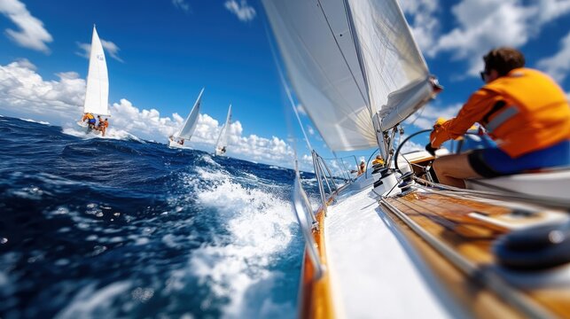 A close-up view of a sailboat racing against other boats, highlighting the teamwork required to manage the sails, navigate the waters, and achieve high speed under clear skies.