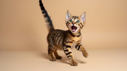 Playful Bengal cat with leopard like spots frozen in a surprised pose