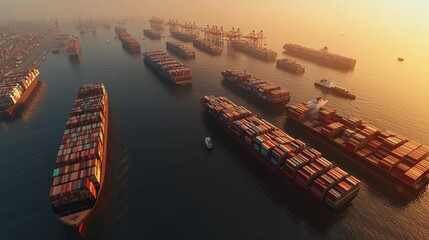 Aerial 3D View of 20 Container Ships Anchored Off the Ports of Long Beach and Los Angeles, Showcasing Maritime Traffic and Congestion in Southern California’s Busy Harbors






