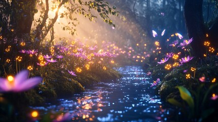 Fototapeta premium Enchanted Forest Stream with Glowing Flowers and Butterflies
