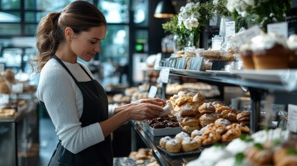 A bakery worker wearing an apron arranges an assortment of pastries on a display shelf. The background includes more baked goods, and the scene is set in a bright, inviting bakery.