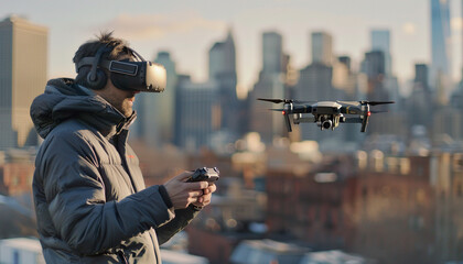 FPV drone pilot flying a commercial drone in an urban city. Nature, modern technology innovation, isolation, filming aerial video footage