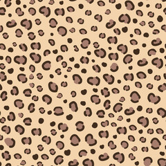 Leopard skin seamless pattern. Animal print. Brown and black spots on a beige background. Vector Illustration for textile design, fashion, and animal-themed projects, wild and stylish aesthetic.
