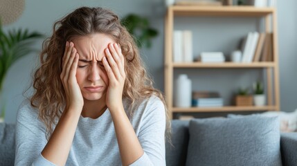 A woman is sitting with her hands on her face in a cozy living room with bookshelves and a couch, suggesting she is in deep thought or feeling overwhelmed by emotions.