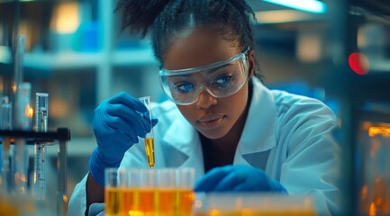 Candid black pharmaceutical lab specialist analysing medicine vials & hospital patient samples African american female medical student working in science laboratory on research PPE protective clothing