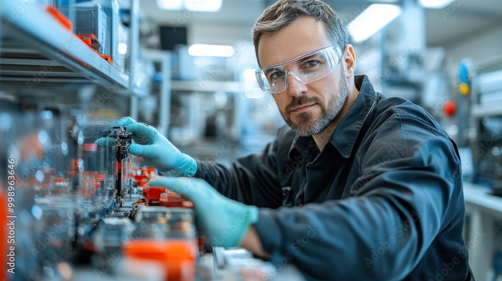 Poster a technician in gloves works intently on complex machinery in an industrial factory setting, demonst