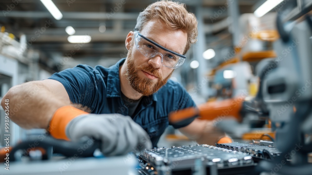 Poster an engineer wearing protective gloves works on assembling detailed electrical components in a worksh