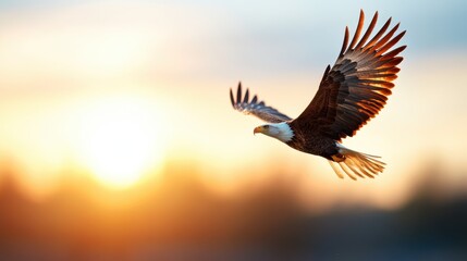 Obraz premium A majestic eagle flies over the ocean during the golden hour, showcasing its powerful wings and grace against a backdrop of a setting or rising sun and calm waters.
