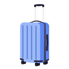 Hand luggage, baggage with handle and spinner wheels. Packed suitcase for holiday. Bag, travel accessory.