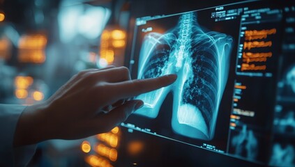 Person, hands and medical xray of lungs for asthma, cancer or tuberculosis research with anatomy hologram. Doctor, finger and healthcare with digital dashboard for medicine innovation and progress