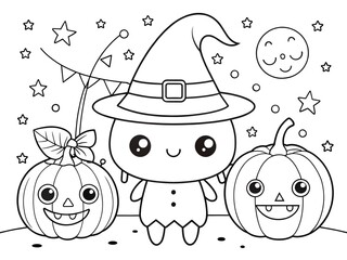 Happy Halloween Hand drawn kawaii coloring book illustration AI generated