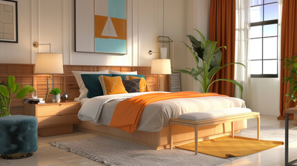 Obraz premium A visual of a perfectly styled bedroom, featuring a bedding set that matches the room's decor and color scheme.