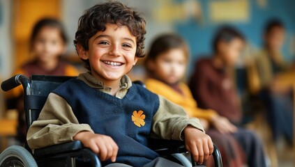 Happy disabled schoolboy in wheelchair. Young boy with disability in inclusive school classroom. Diversity equality & inclusion in primary education