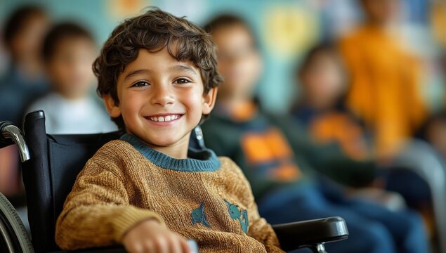 Happy disabled schoolboy in wheelchair. Young boy with disability in inclusive school classroom. Diversity equality & inclusion in primary education