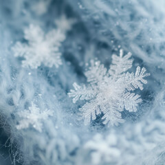 Delicate Snowflakes on Soft Blue Knitted Fabric Close-Up