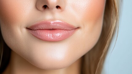 Fototapeta premium A detailed and artistic close-up of a person's lips and lower face showcasing a soft blue background and partially visible hair, highlighting beauty and texture.