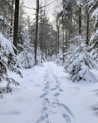 Fototapeta premium Snowy Pathway Through Winter Forest with Footprints in Fresh Snow