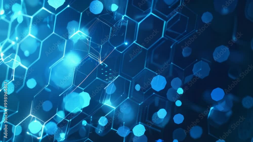 Poster a dynamic and visually striking blue hexagonal pattern featuring glowing elements ideal for tech and