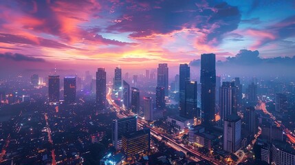 A vibrant sunset over a sprawling cityscape, with towering skyscrapers and a hazy skyline.