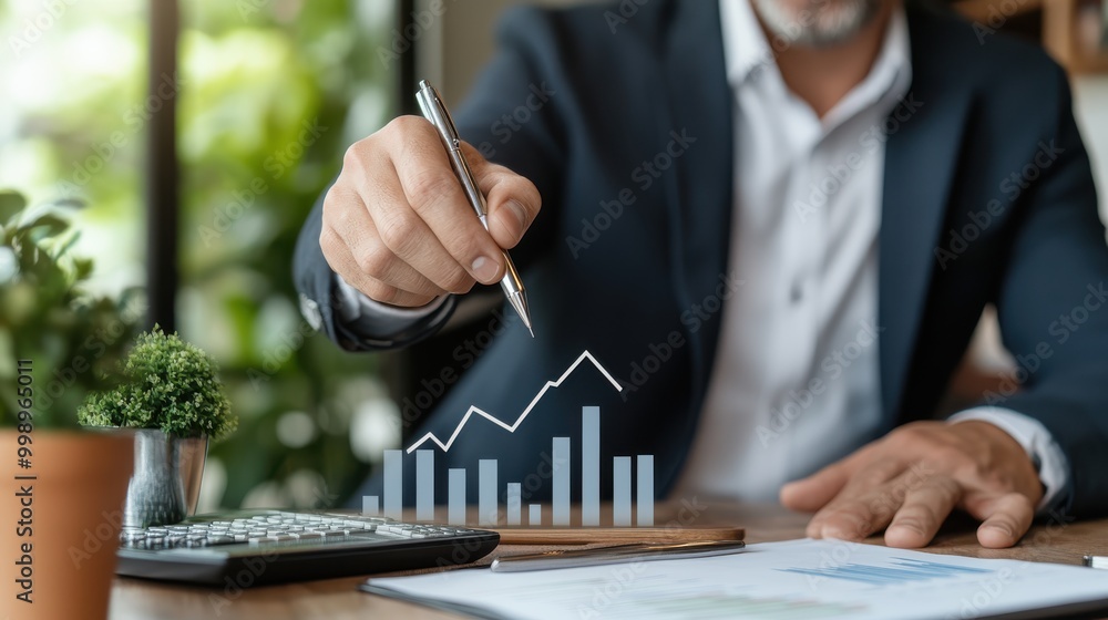 Poster a person using a pen to point at a financial graph in a modern office setting, indicative of busines