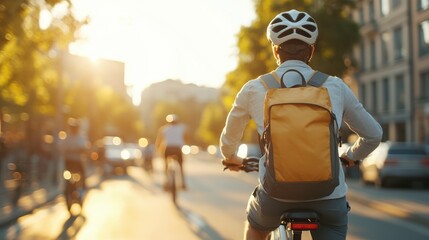 A person in white attire, equipped with a helmet and backpack, rides a bicycle in the morning sun, heading down an urban street among other cyclists and vehicles.