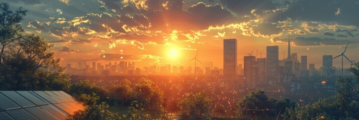A vibrant sunset casts a warm glow over a city skyline.