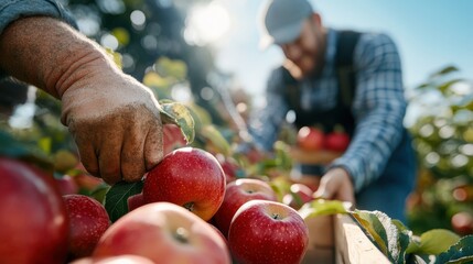 A close-up of hands meticulously picking ripe red apples from orchard trees, emphasizing the care and manual labor required during the agricultural harvesting process.