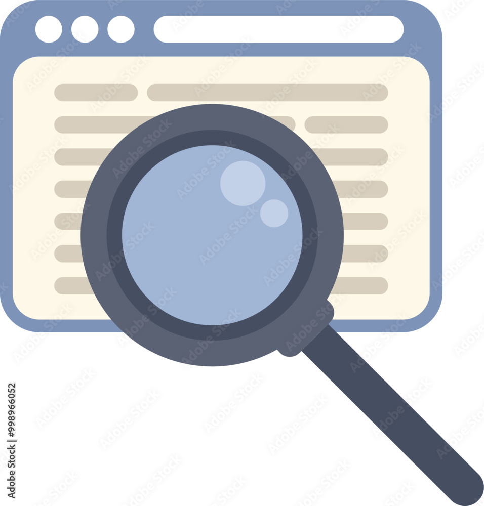Poster magnifying glass is hovering over a website, symbolizing online research, content analysis, and sear