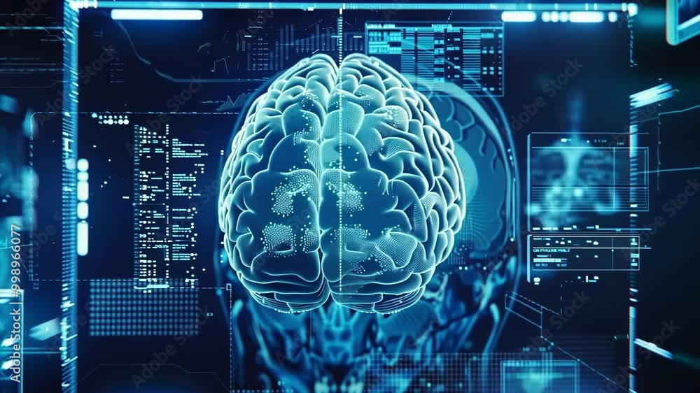 Poster 3d rendering of a digital human brain surrounded by data and complex algorithms, illustrating the co