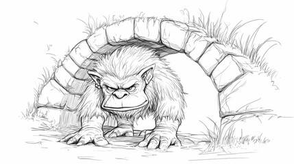 Obraz premium Sketch outline of a troll under a bridge, outlined for coloring, on a white background. Troll Bridge. Illustration
