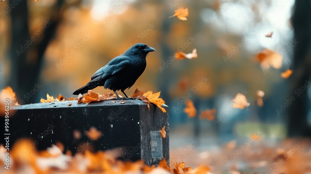 Poster a black crow is seen perched on a dark stone block adorned with fallen autumn leaves, creating a nos