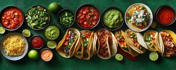 Top down view of a table full of Mexican tacos with lots of side dishes and sauces