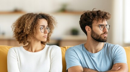 Fototapeta premium A couple sits on a yellow couch in a brightly lit room, both with arms crossed and looking away from each other, suggesting a scenario of disagreement or tension in their relationship.