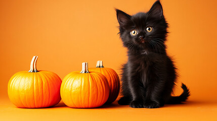 Cute long-haired black kitten sitting with orange pumpkins on an orange background.