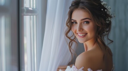 A smiling bride with a delicate floral hairpiece stands by a window in soft lighting, wearing an elegant lace dress. The serene setting highlights her natural beauty and joyful expression