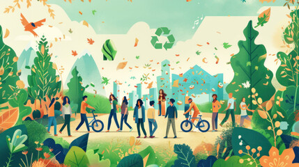 A visual of a sustainable event incorporating circular economy practices, from eco-friendly venues to recycling initiatives.
