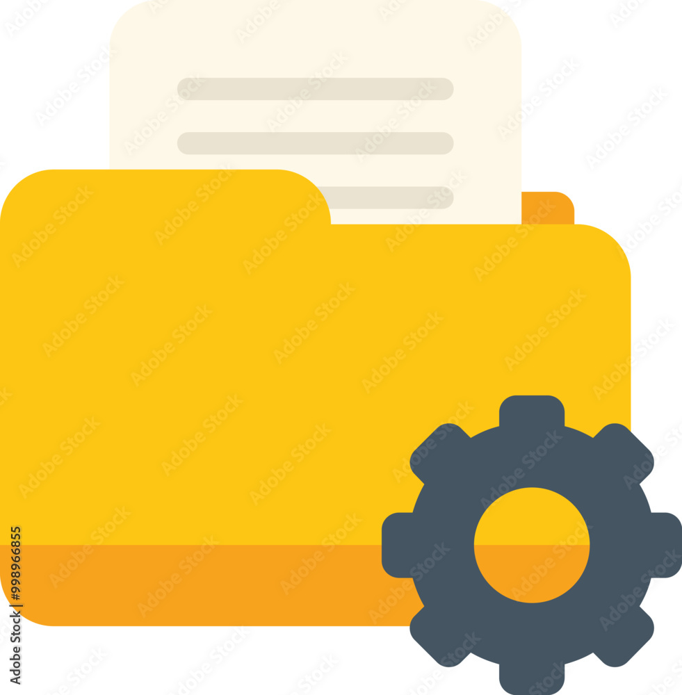 Poster flat vector illustration of a yellow folder with documents and a gear, representing file management 