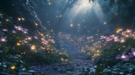 Obraz premium Enchanted Forest Path with Glowing Fireflies and Flowers