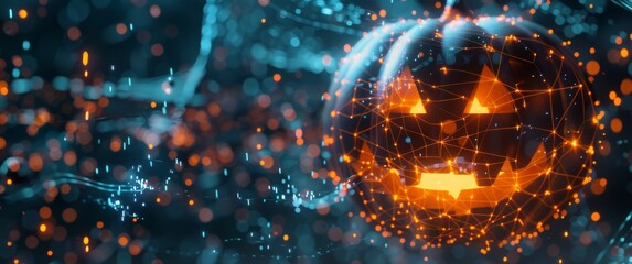 A glowing jack-o'-lantern surrounded by digital network connections and orange bokeh. Halloween-themed image merging traditional pumpkin design with futuristic technology