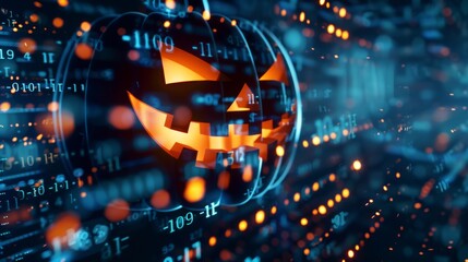 A glowing jack-o'-lantern with a mischievous grin, surrounded by floating digital code and vibrant bokeh lights. A perfect fusion of Halloween tradition and futuristic tech elements