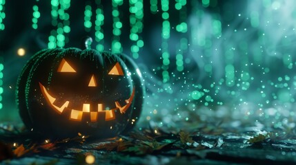 A glowing jack-o'-lantern sits on fallen leaves, surrounded by green digital code resembling a futuristic Halloween scene, blending nature and technology