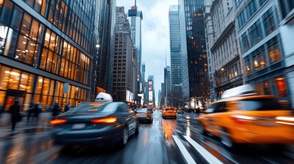 Obraz premium Fast-paced street scene with cars and pedestrians rushing during evening rush hour, illuminated by building lights, capturing the liveliness of the urban environment in motion.