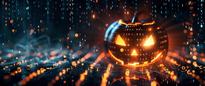 A bright jack-o'-lantern illuminated by floating binary code and digital rain, set against a tech-inspired Halloween background. A fusion of traditional and modern Halloween aesthetics