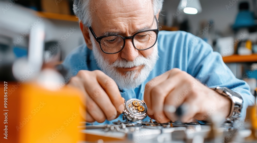 Poster An experienced watchmaker meticulously works on the intricate mechanism of a wristwatch, surrounded by various tools and components in his workshop.