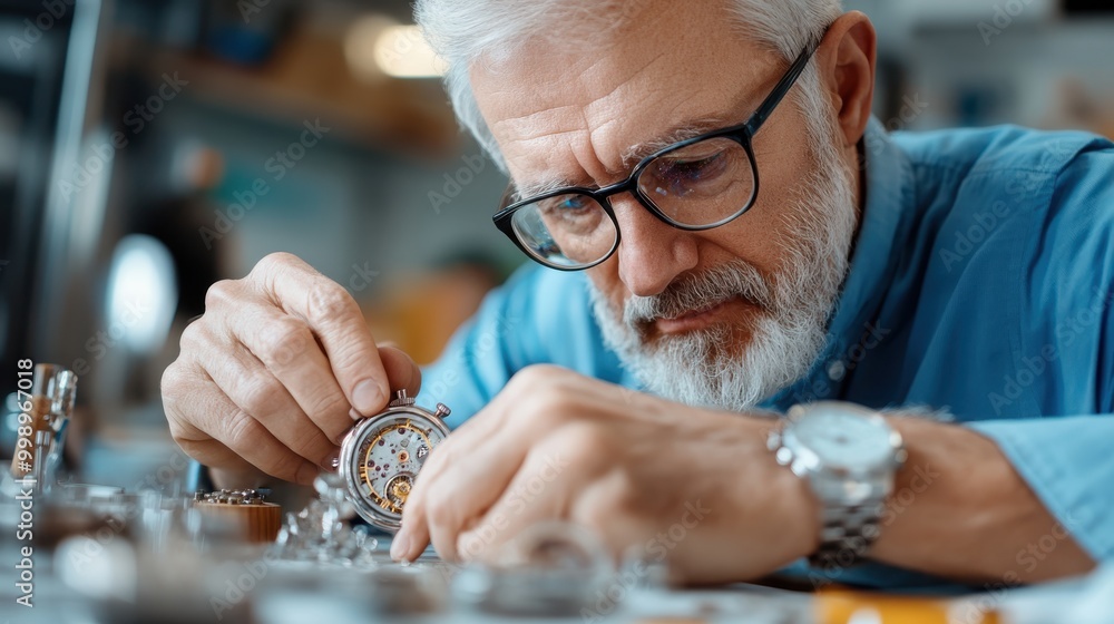 Poster a skilled watchmaker closely examines the intricate inner workings of a watch, with various tools an