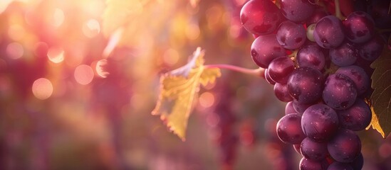 Naklejka premium Horizontal View Of Black Or Red Grapes Plantation With Sun Flare On Blurred Background In Summer