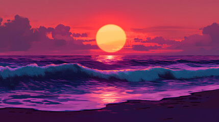 Sunset on the beach with vaporwave tone color, suitable for wallpaper, posters, etc. generative ai. Vaporwave Aesthetic. Illustration
